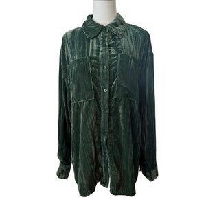 NEW Women's XL Green Crushed Velvet Soft Long Sleeve Casual Button-Up Top